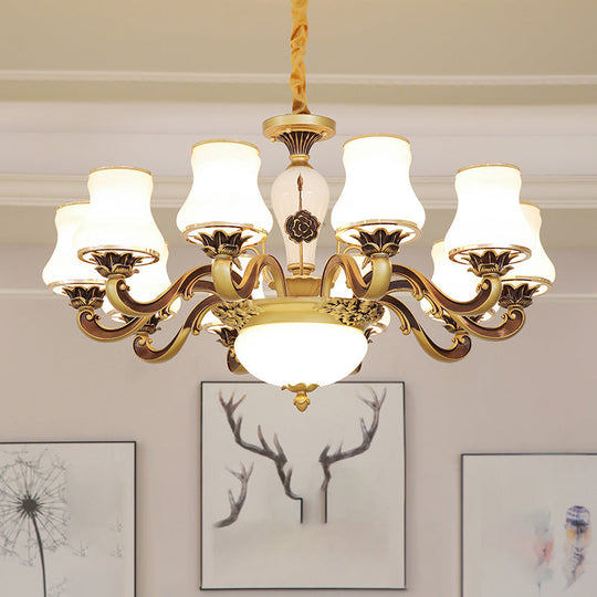 Vintage Brass Chandelier: White Glass Flared Design For Dining Room Lighting