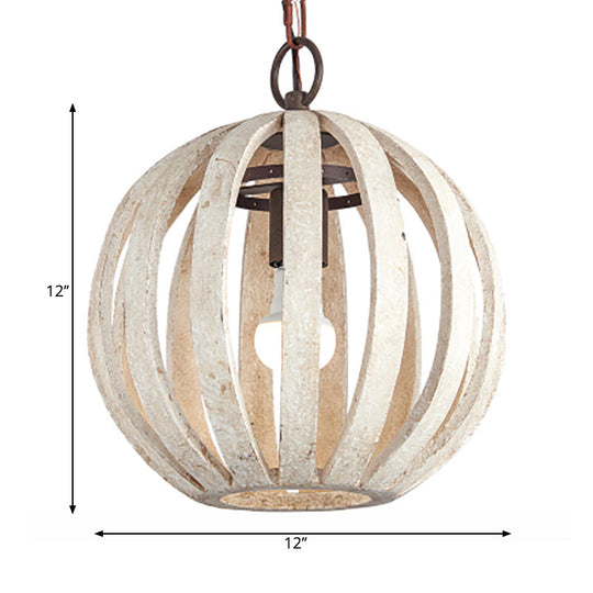 Rustic Wood Globe Cage Pendant Light For Living Room - White