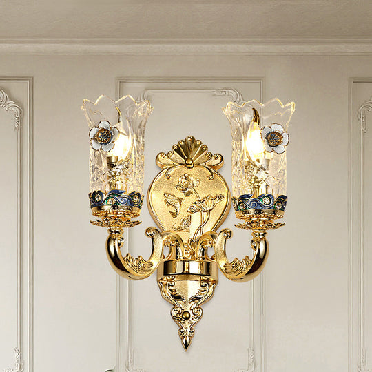 Gold Plated Floral Glass Wall Mount Sconce: Antique Carved Lamp For Foyer