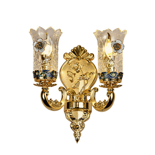 Gold Plated Floral Glass Wall Mount Sconce: Antique Carved Lamp For Foyer 2 /