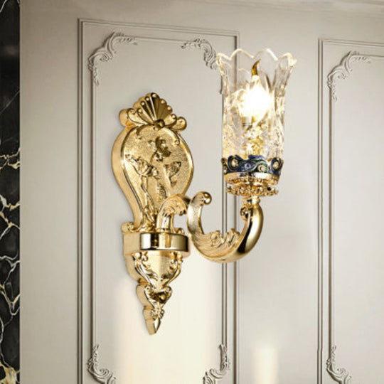 Gold Plated Floral Glass Wall Mount Sconce: Antique Carved Lamp For Foyer