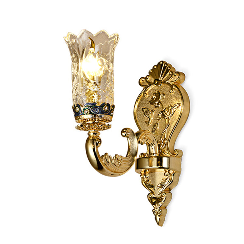 Gold Plated Floral Glass Wall Mount Sconce: Antique Carved Lamp For Foyer