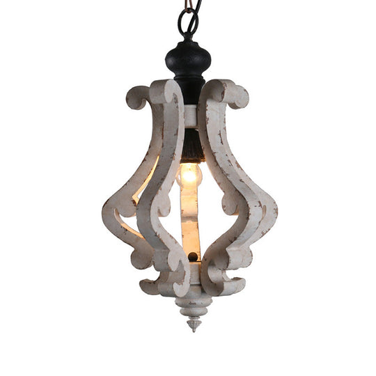 Rustic Wooden Lantern Pendant Ceiling Light - Distressed White Hanging Kit 1-Light Design