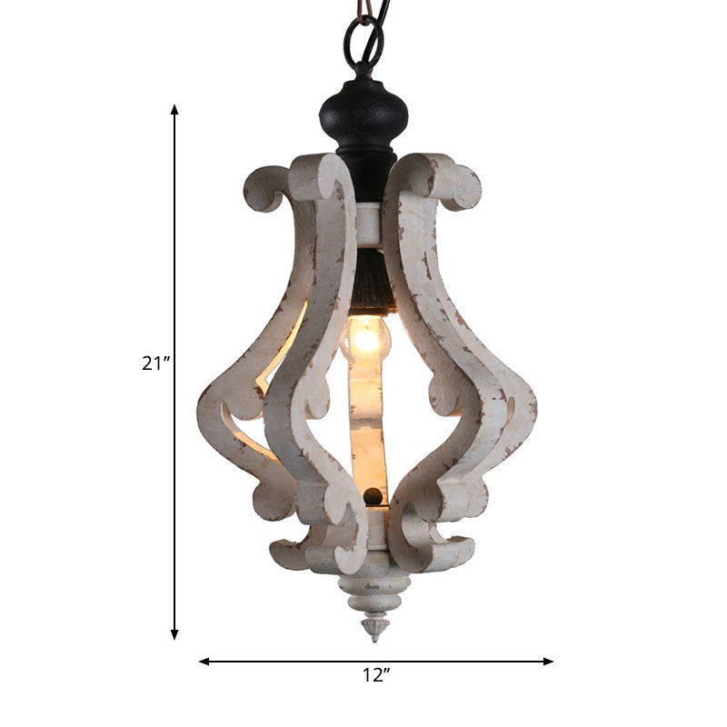 Rustic Wooden Lantern Pendant Ceiling Light - Distressed White Hanging Kit 1-Light Design