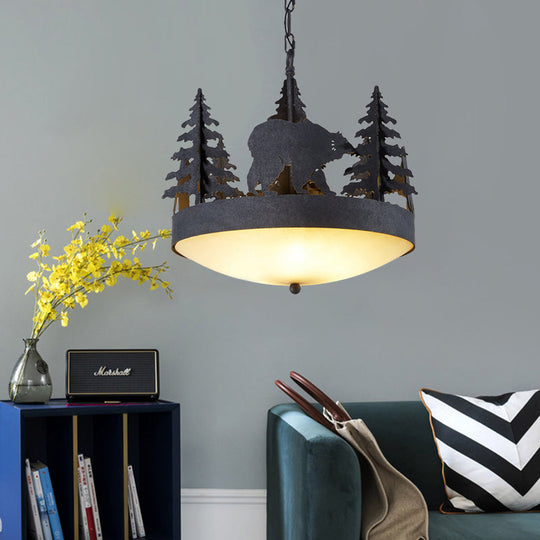 Frosted Glass Bowl Chandelier - 3-Light Pendant Light In Black With Tree And Bear Detailing