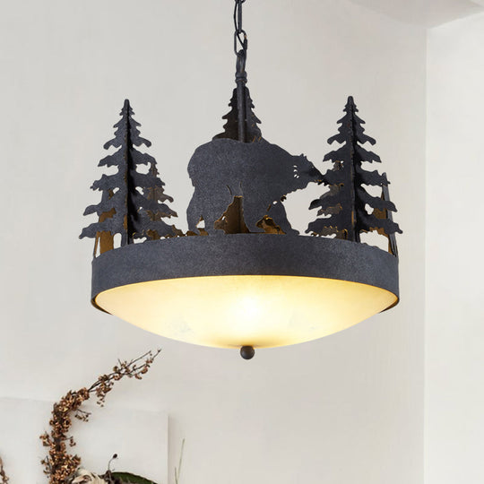 Frosted Glass Bowl Chandelier - 3-Light Pendant Light In Black With Tree And Bear Detailing