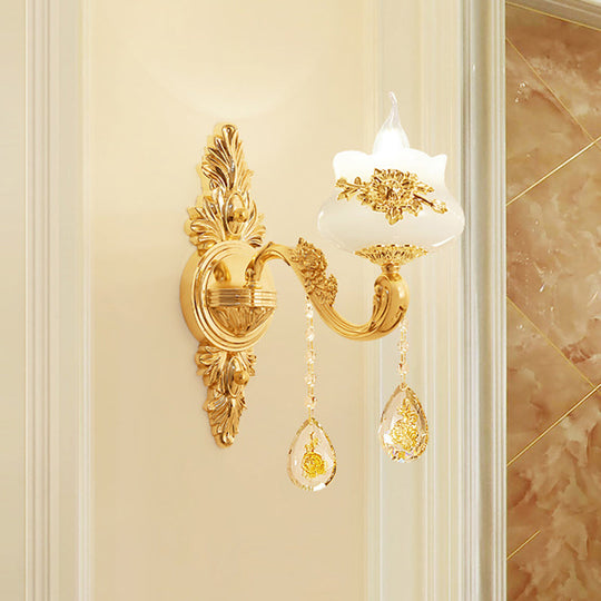 Antiqued Imitation Jade Gold Finish Wall Sconce With Crystal Drop - Candle Living Room Lamp 1 /