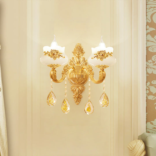 Antiqued Imitation Jade Gold Finish Wall Sconce With Crystal Drop - Candle Living Room Lamp