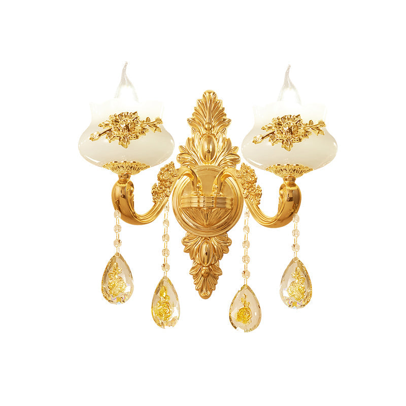 Antiqued Imitation Jade Gold Finish Wall Sconce With Crystal Drop - Candle Living Room Lamp