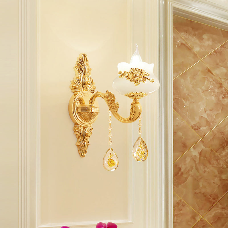 Antiqued Imitation Jade Gold Finish Wall Sconce With Crystal Drop - Candle Living Room Lamp