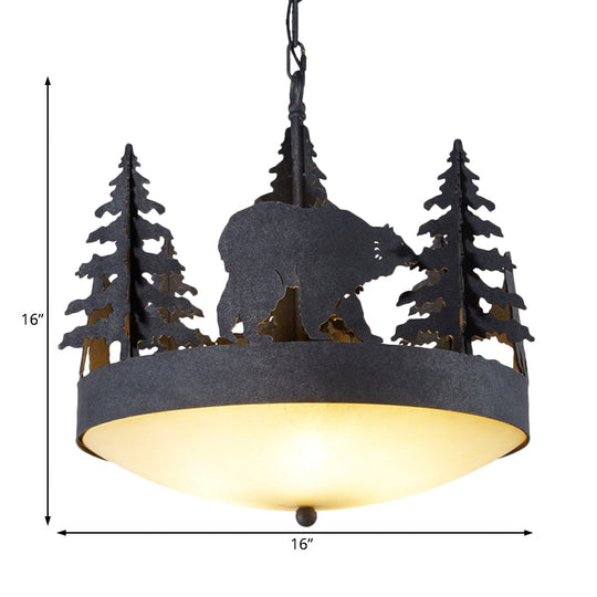 Frosted Glass Bowl Chandelier - 3-Light Pendant Light In Black With Tree And Bear Detailing