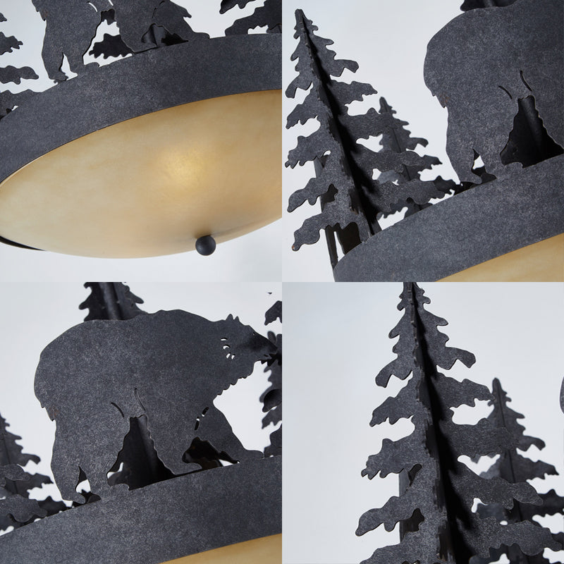 Frosted Glass Bowl Chandelier - 3-Light Pendant Light In Black With Tree And Bear Detailing