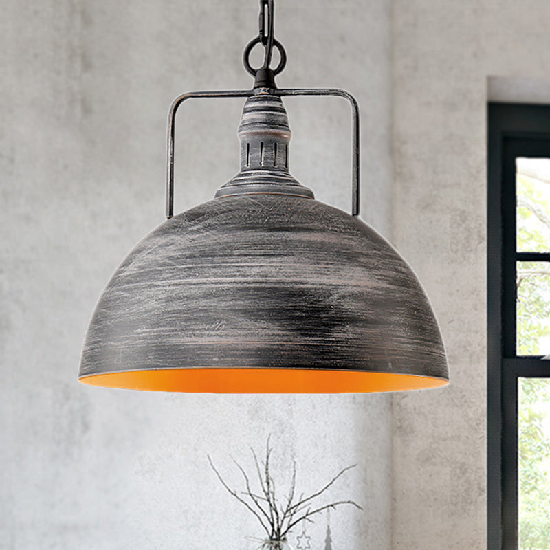 Industrial Metal Domed Pendant Lamp - Aged Silver, 1 Light - 12"/16" Width