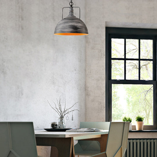 Industrial Metal Domed Pendant Lamp - Aged Silver, 1 Light - 12"/16" Width