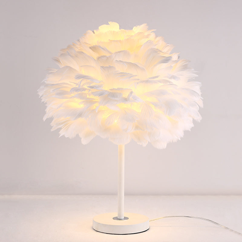 Feather Table Lamp - Hand-Woven Minimalistic Single-Bulb White Nightstand Light For Girls