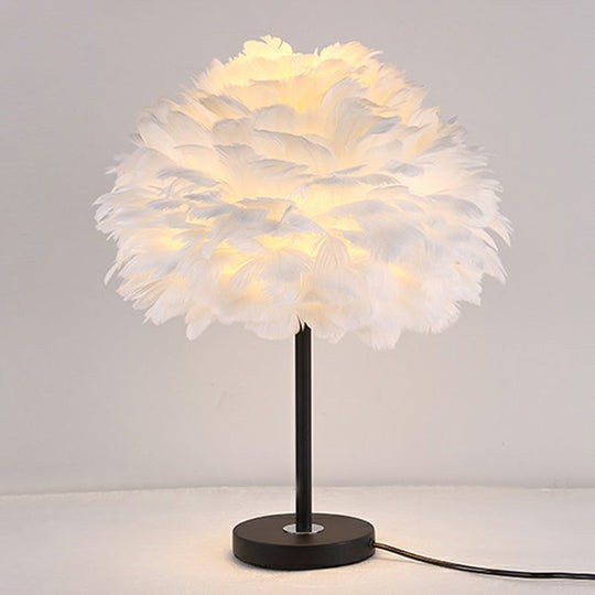 Modern Layered Flower Night Light With Feather Accent - 1-Head Table Lamp For Girls Bedroom Black