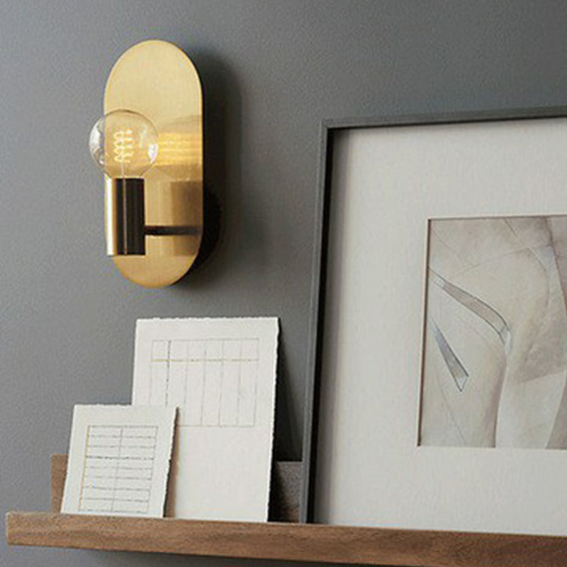 Modern Gold Finish Wall Sconce With Exposed Bulb Design And Oval Backplate