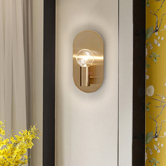 Modern Gold Finish Wall Sconce With Exposed Bulb Design And Oval Backplate