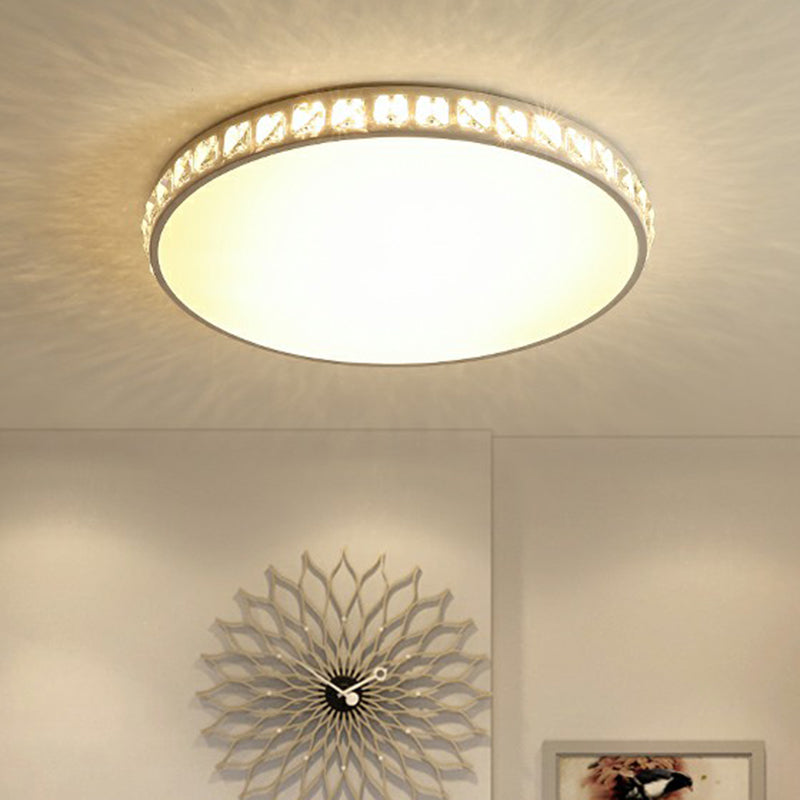 Minimalist White Geometric Flush Ceiling Light With Crystal Edge - Acrylic Led Mount Lamp / Round