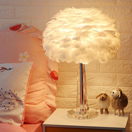 Nordic Bedside Lamp With Feather Shade & Crystal Accent - 1-Light Table Light White