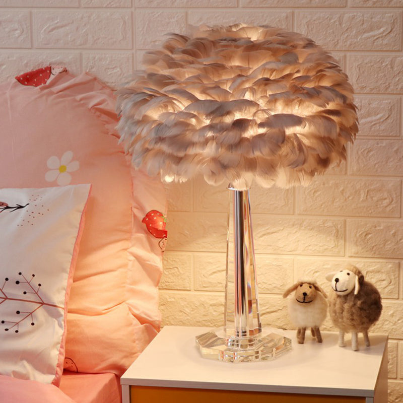 Nordic Bedside Lamp With Feather Shade & Crystal Accent - 1-Light Table Light Grey