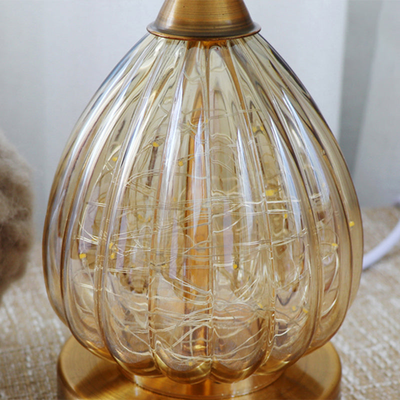 Modern Amber Glass Droplet Night Light With White Table Lamp And Feather Shade