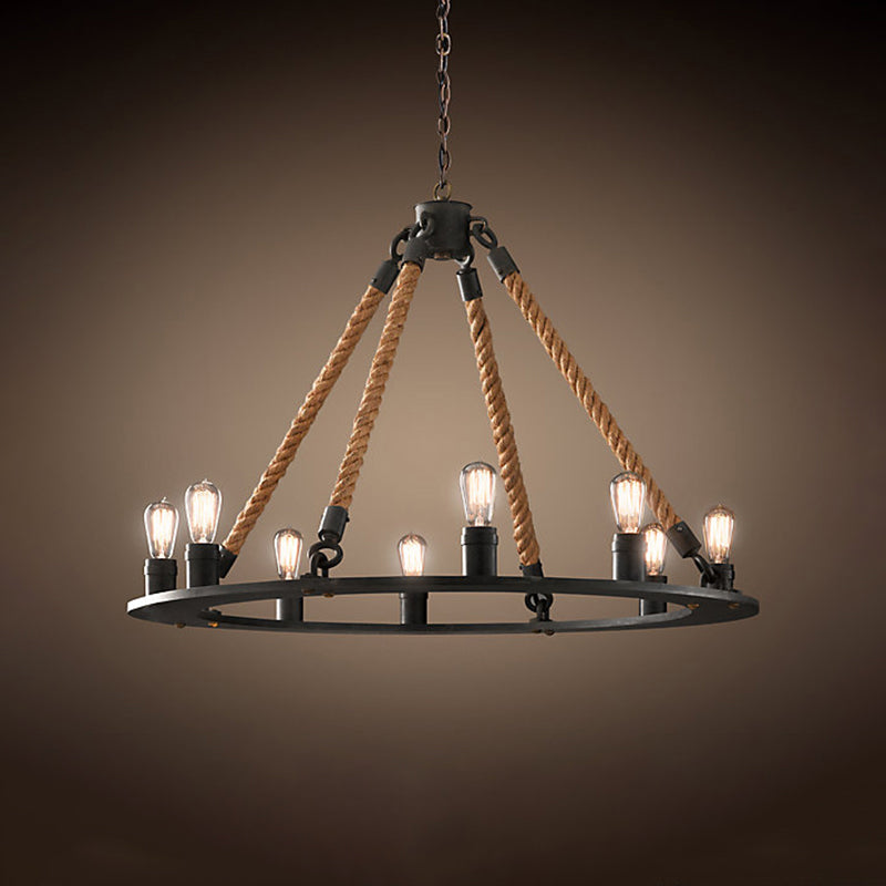 Modern Farmhouse Metal Chandelier: Circular Living Room Hanging Light Black Finish With Rope Cord 8