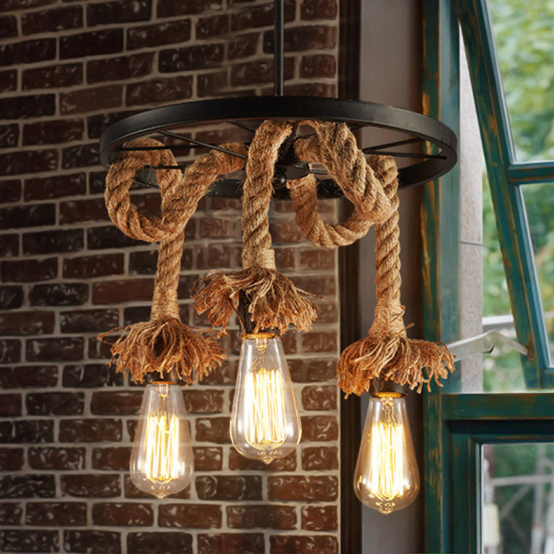 Rustic Rope Chandelier With Wheel Deco - Brown Open Bulb Design 6-Light Restaurant Hanging Lamp