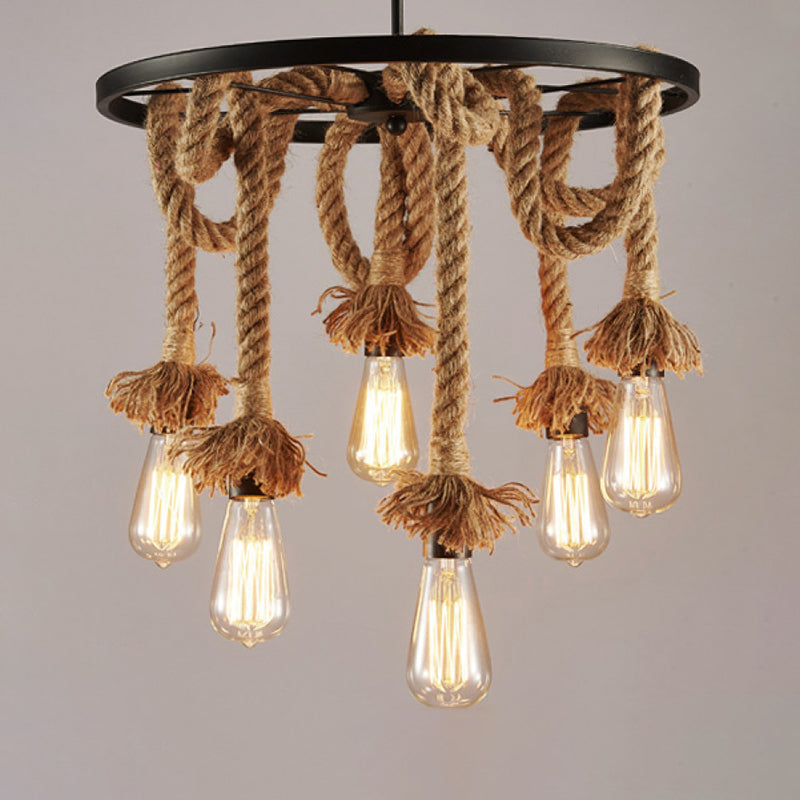 Rustic Rope Chandelier With Wheel Deco - Brown Open Bulb Design 6-Light Restaurant Hanging Lamp