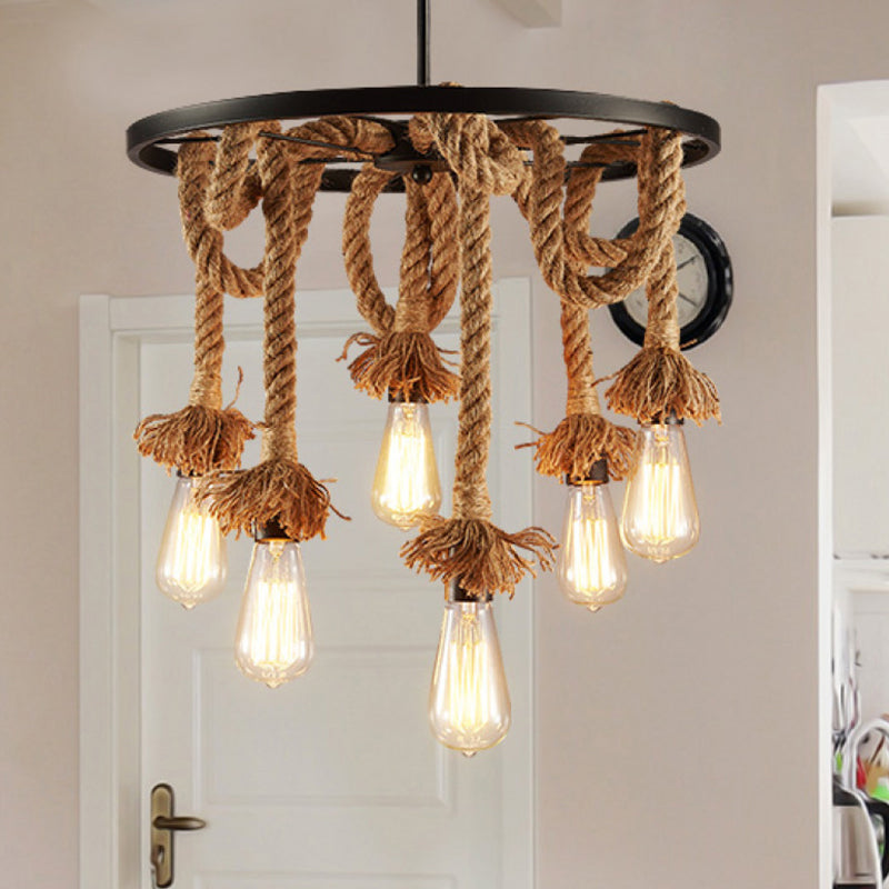 Rustic Rope Chandelier With Wheel Deco - Brown Open Bulb Design 6-Light Restaurant Hanging Lamp