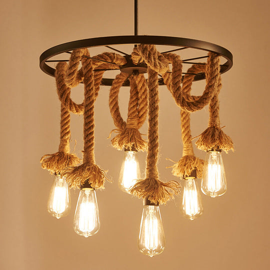 Rustic Rope Chandelier With Wheel Deco - Brown Open Bulb Design 6-Light Restaurant Hanging Lamp