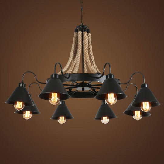 Industrial Black Conical Chandelier - Stylish Iron Suspension Lighting With Wheel And Hemp Detail