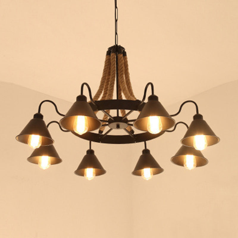 Industrial Black Conical Chandelier - Stylish Iron Suspension Lighting With Wheel And Hemp Detail 8