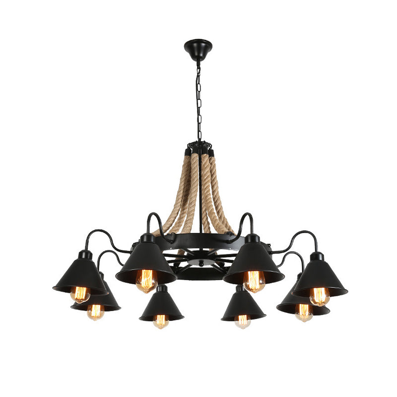 Industrial Black Conical Chandelier - Stylish Iron Suspension Lighting With Wheel And Hemp Detail