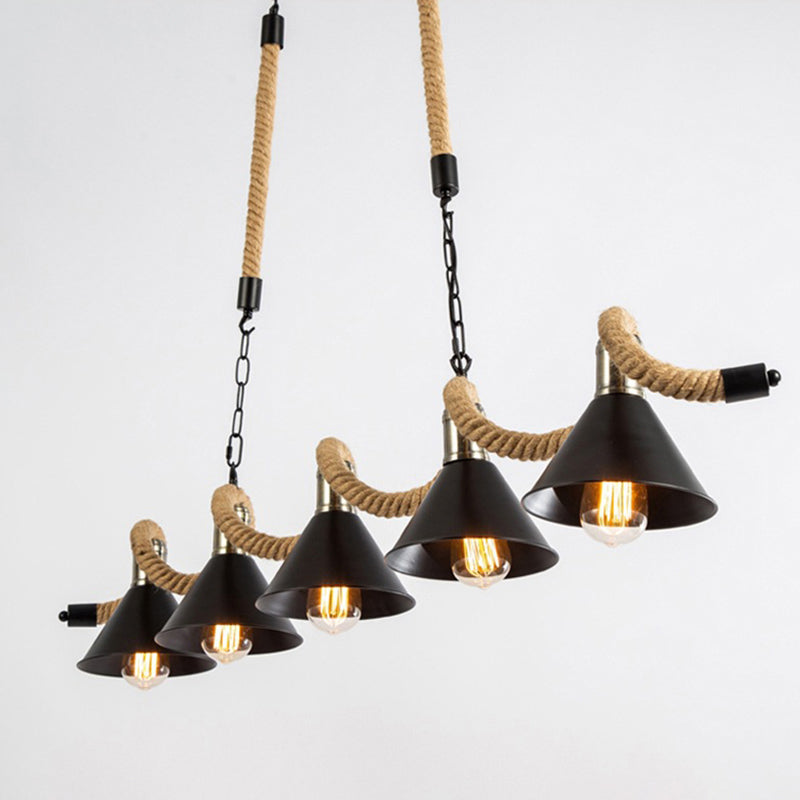 Wavy Hemp Rope Island Light Fixture: Rustic Bar Hanging With Black Cone Metal Shade