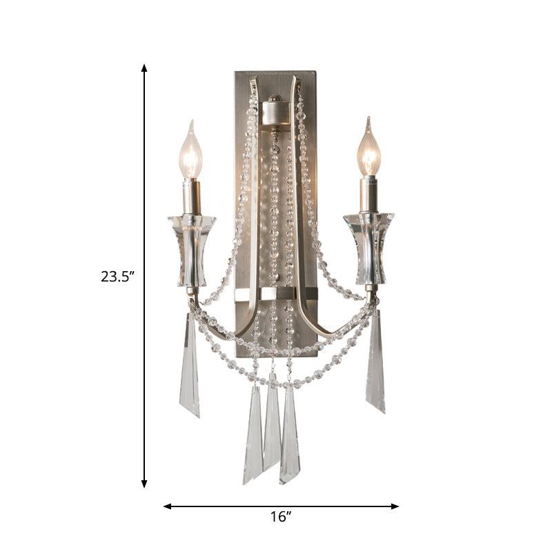 French Country Style 2-Bulb Candle Wall Lamp With Crystals - Brushed Silver Metal Light