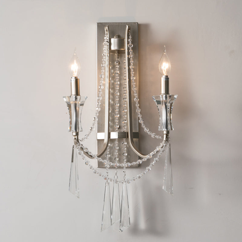 French Country Style 2-Bulb Candle Wall Lamp With Crystals - Brushed Silver Metal Light