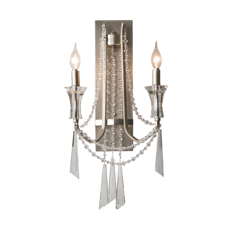 French Country Style 2-Bulb Candle Wall Lamp With Crystals - Brushed Silver Metal Light