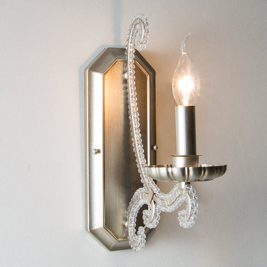 Silver Crystal Beaded Wall Lighting Fixture: Elegant Rustic Candlestick Lamp For Corridor