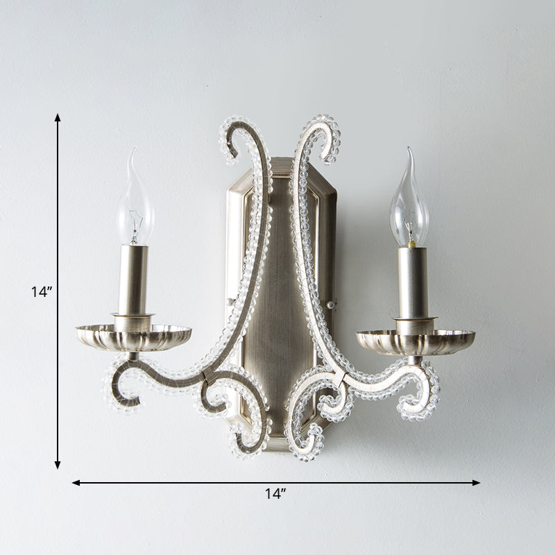 Silver Crystal Beaded Wall Lighting Fixture: Elegant Rustic Candlestick Lamp For Corridor 2 /