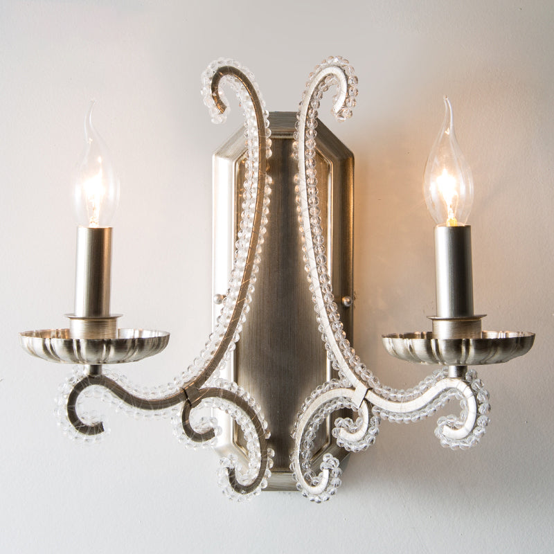 Silver Crystal Beaded Wall Lighting Fixture: Elegant Rustic Candlestick Lamp For Corridor