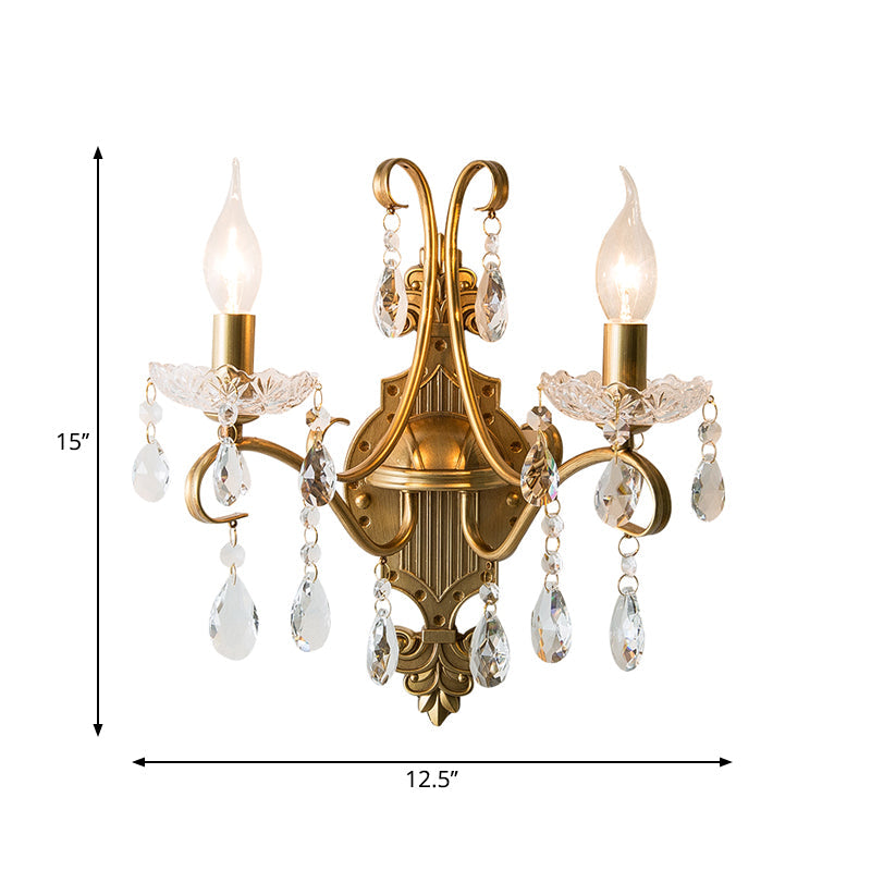 Traditional Crystal Candle Wall Sconce With Antiqued Brass Finish And Scroll Arm 2 /