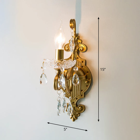 Traditional Crystal Candle Wall Sconce With Antiqued Brass Finish And Scroll Arm 1 /