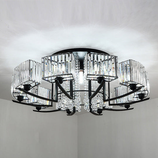 Retro Crystal Block Semi Flush Mount Ceiling Lamp for Living Room - Round, Black