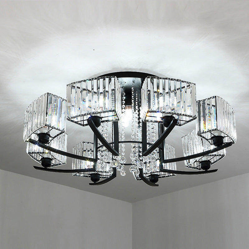 Retro Crystal Block Semi Flush Mount Ceiling Lamp for Living Room - Round, Black