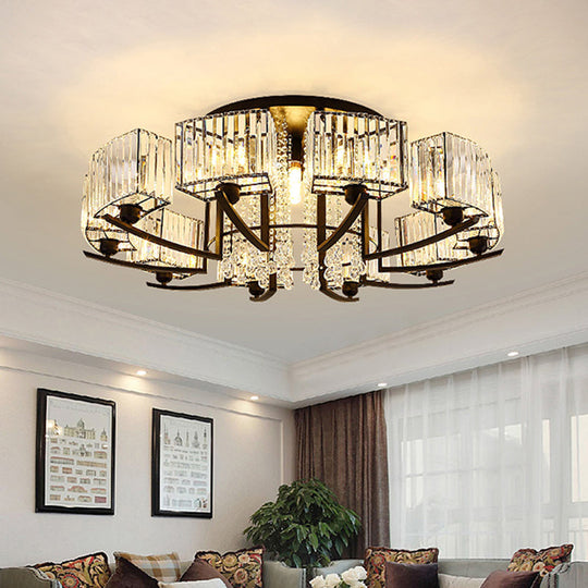 Retro Crystal Block Semi Flush Mount Ceiling Lamp for Living Room - Round, Black