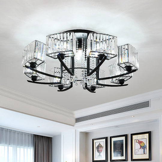 Retro Crystal Block Semi Flush Mount Ceiling Lamp For Living Room - Round Black