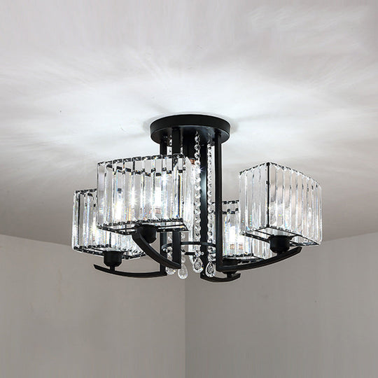 Retro Crystal Block Semi Flush Mount Ceiling Lamp for Living Room - Round, Black