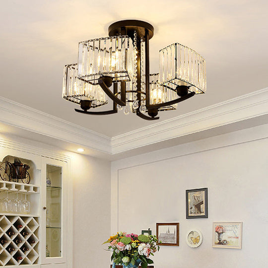 Retro Crystal Block Semi Flush Mount Ceiling Lamp For Living Room - Round Black