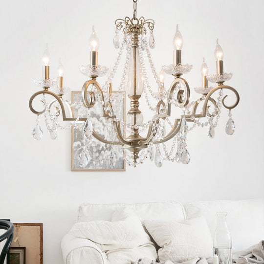 Rustic Crystal Candle Chandelier: Aged Silver Living Room Light With Swirled Arm